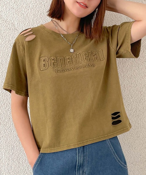 GORGE(ゴージ)の「ダメージ短丈ピグメントTシャツ(Tシャツ/カットソー・レディース・ブルー/マスタード/スミクロ/パープル・F)」の4枚目の写真