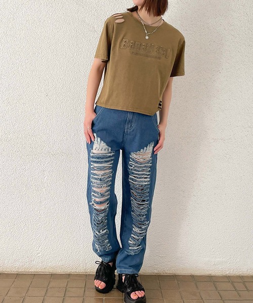 GORGE(ゴージ)の「ダメージ短丈ピグメントTシャツ(Tシャツ/カットソー・レディース・ブルー/マスタード/スミクロ/パープル・F)」の6枚目の写真
