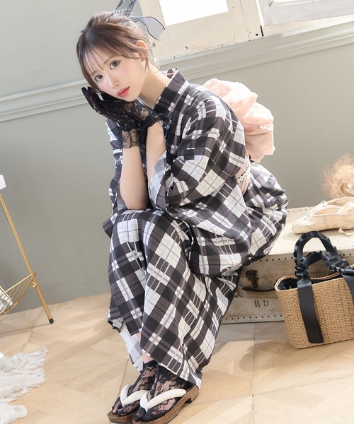 [Tika] ワンピース型浴衣 帯 羽織 レディース セット タータンチェック tika_tk-ykop24-k002