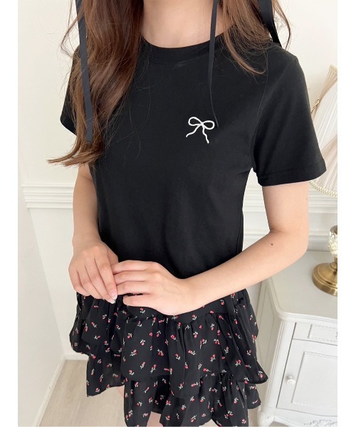 PHILLY(フィリー)の「【PHILLY】リボンポイントコンパクトTシャツ(Tシャツ/カットソー・レディース・ブラック/ライトピンク/サックスブルー/ホワイト・FREE)」の2枚目の写真