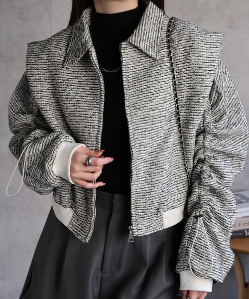 セール】【レディーズ商品】パワショル ドロスト袖 ツイードブルゾン