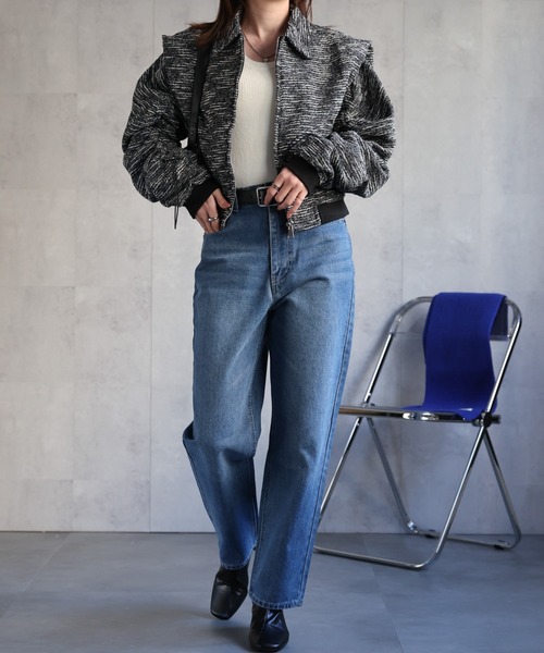 セール】【レディーズ商品】パワショル ドロスト袖 ツイードブルゾン