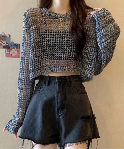 Teem Store(チームストア)の「メッシュ編みサマーニットトップス(ニット/セーター・レディース・ベージュ/ホワイト/グレー/ブラック・F)」の4枚目の写真