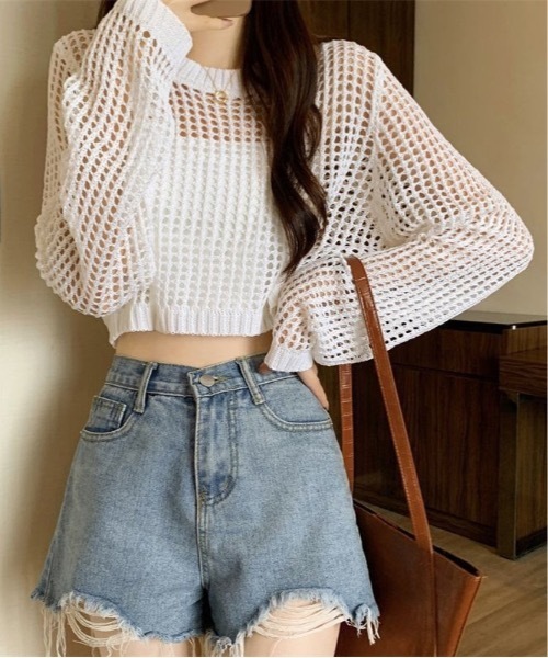 Teem Store(チームストア)の「メッシュ編みサマーニットトップス(ニット/セーター・レディース・ベージュ/ホワイト/グレー/ブラック・F)」の2枚目の写真