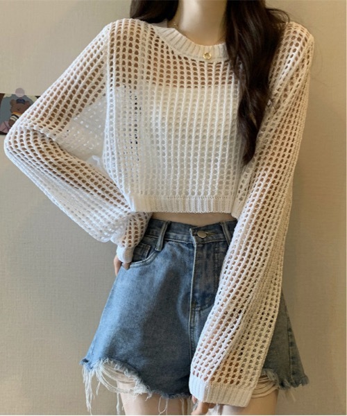 Teem Store(チームストア)の「メッシュ編みサマーニットトップス(ニット/セーター・レディース・ベージュ/ホワイト/グレー/ブラック・F)」の5枚目の写真