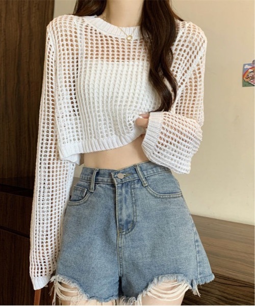 Teem Store(チームストア)の「メッシュ編みサマーニットトップス(ニット/セーター・レディース・ベージュ/ホワイト/グレー/ブラック・F)」の6枚目の写真