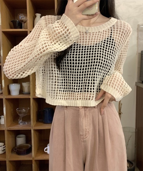 Teem Store(チームストア)の「メッシュ編みサマーニットトップス(ニット/セーター・レディース・ベージュ/ホワイト/グレー/ブラック・F)」の11枚目の写真