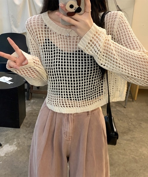 Teem Store(チームストア)の「メッシュ編みサマーニットトップス(ニット/セーター・レディース・ベージュ/ホワイト/グレー/ブラック・F)」の12枚目の写真