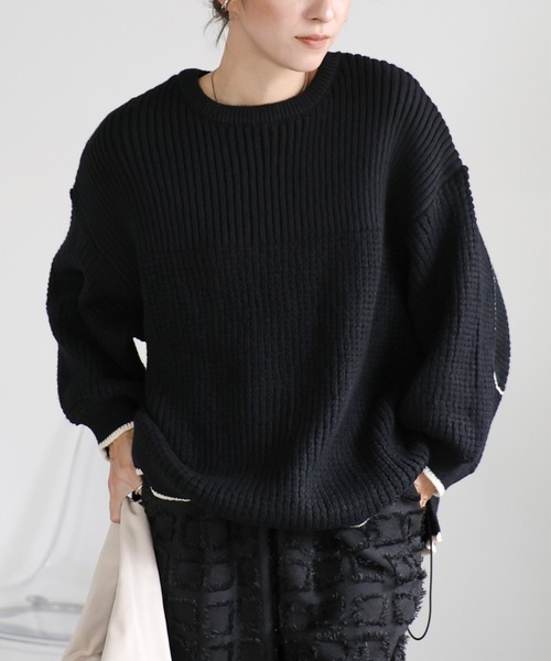 セール】ワッフル編切替サイドシャーリングニット（ニット/セーター