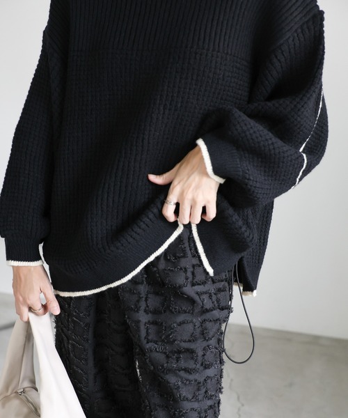 セール】ワッフル編切替サイドシャーリングニット（ニット/セーター