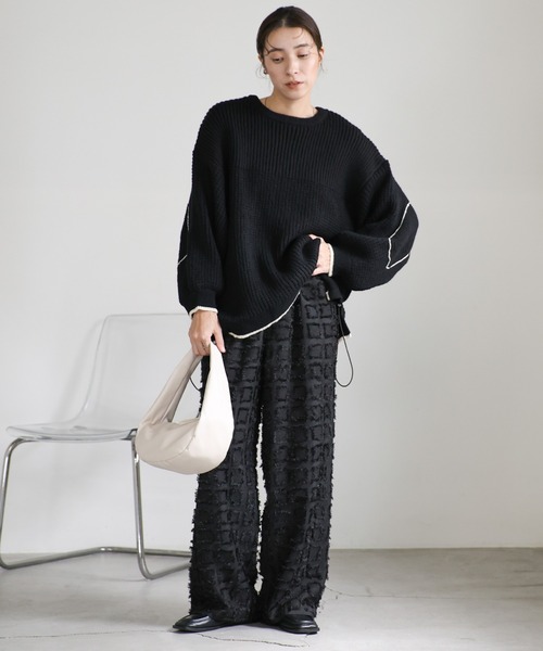 セール】ワッフル編切替サイドシャーリングニット（ニット/セーター