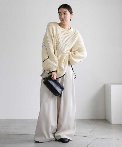 セール】ワッフル編切替サイドシャーリングニット（ニット/セーター