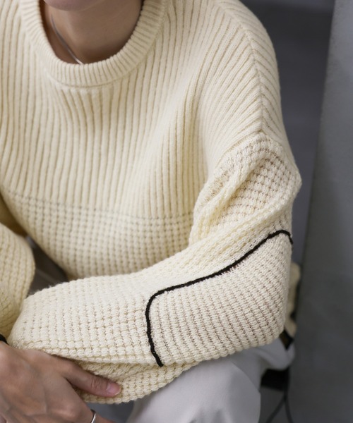 セール】ワッフル編切替サイドシャーリングニット（ニット/セーター