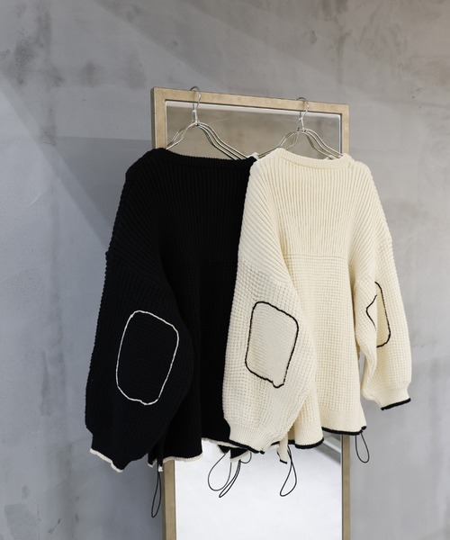 select MOCA(セレクトモカ)の「ワッフル編切替サイドシャーリングニット(ニット/セーター・レディース・ブラック/アイボリー・FREE)」の8枚目の写真