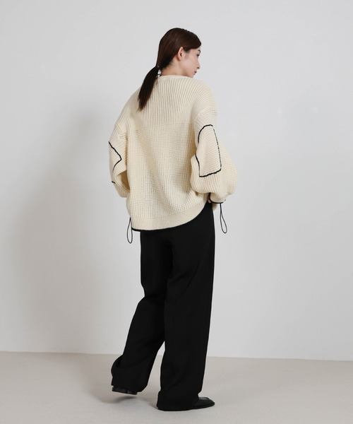 マカロン様 MHL. ホワイトニットと衿付きブラックセット セール】ワッフル編切替サイドシャーリングニット（ニット/セーター