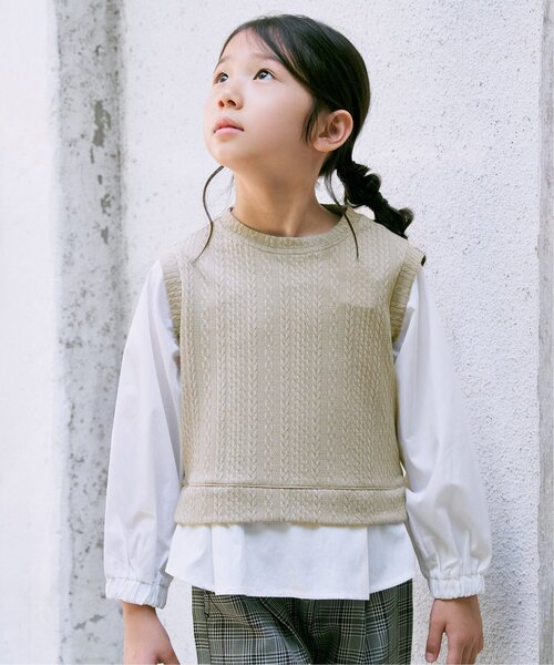 ikka(イッカ)の「【親子コーデ】ケーブル柄レイヤードプルオーバー(120~160cm)(Tシャツ/カットソー・キッズ・ブラック/ベージュ・120/130/140/150/160)」の4枚目の写真