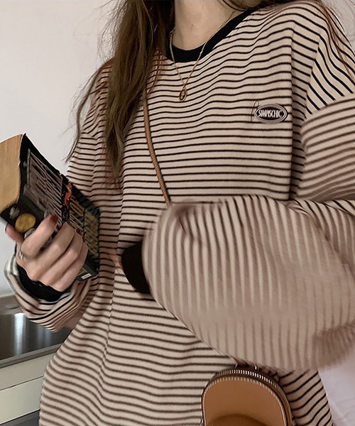 Asterellivi(アステレリビ)の「ボーダー ワンポイント 長袖 カットソー(Tシャツ/カットソー・レディース・ベージュ/ブラック・M/L/LL)」の1枚目の写真
