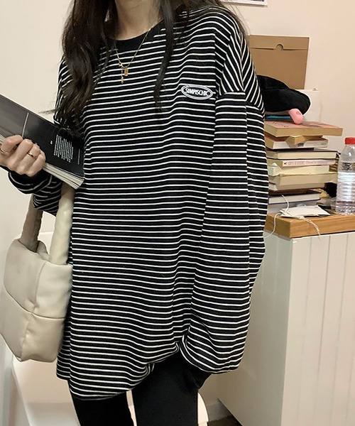 Asterellivi(アステレリビ)の「ボーダー ワンポイント 長袖 カットソー(Tシャツ/カットソー・レディース・ベージュ/ブラック・M/L/LL)」の2枚目の写真