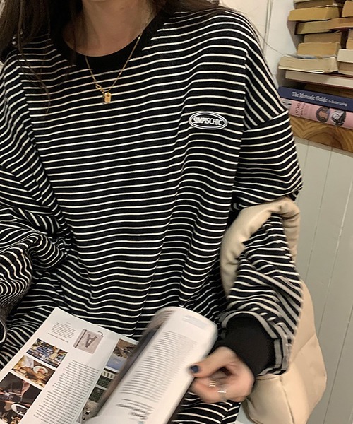 Asterellivi(アステレリビ)の「ボーダー ワンポイント 長袖 カットソー(Tシャツ/カットソー・レディース・ベージュ/ブラック・M/L/LL)」の3枚目の写真