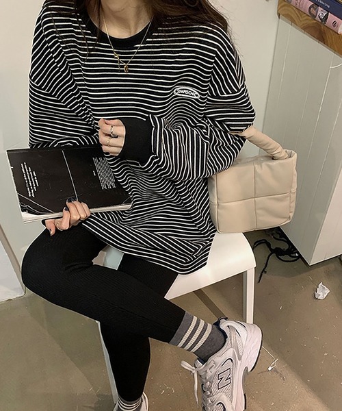 Asterellivi(アステレリビ)の「ボーダー ワンポイント 長袖 カットソー(Tシャツ/カットソー・レディース・ベージュ/ブラック・M/L/LL)」の5枚目の写真