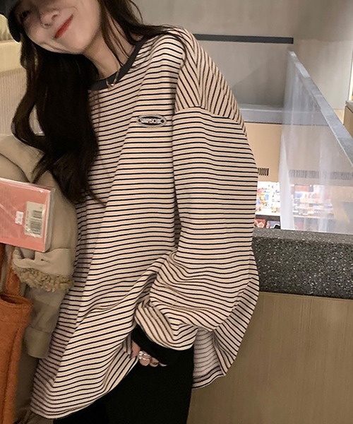 Asterellivi(アステレリビ)の「ボーダー ワンポイント 長袖 カットソー(Tシャツ/カットソー・レディース・ベージュ/ブラック・M/L/LL)」の6枚目の写真