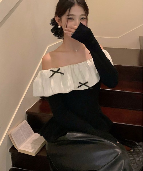 kirakiraShop(キラキラショップ)の「フリルカラー オフショルダー ニット トップス(ニット/セーター・レディース・ブラウン/ブラック・FREE)」の5枚目の写真