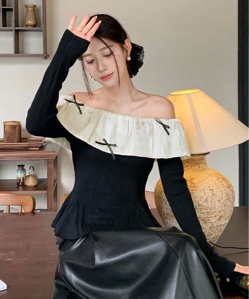 kirakiraShop(キラキラショップ)の「フリルカラー オフショルダー ニット トップス(ニット/セーター・レディース・ブラウン/ブラック・FREE)」の7枚目の写真