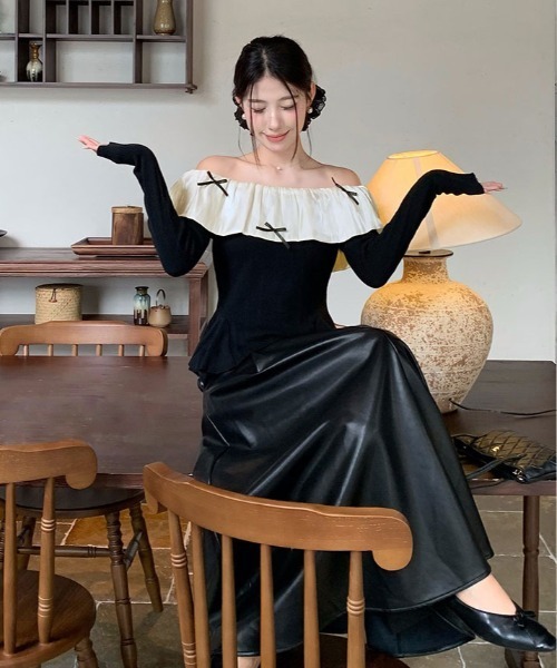 kirakiraShop(キラキラショップ)の「フリルカラー オフショルダー ニット トップス(ニット/セーター・レディース・ブラウン/ブラック・FREE)」の9枚目の写真