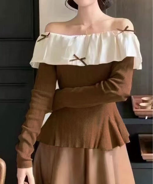 kirakiraShop(キラキラショップ)の「フリルカラー オフショルダー ニット トップス(ニット/セーター・レディース・ブラウン/ブラック・FREE)」の12枚目の写真