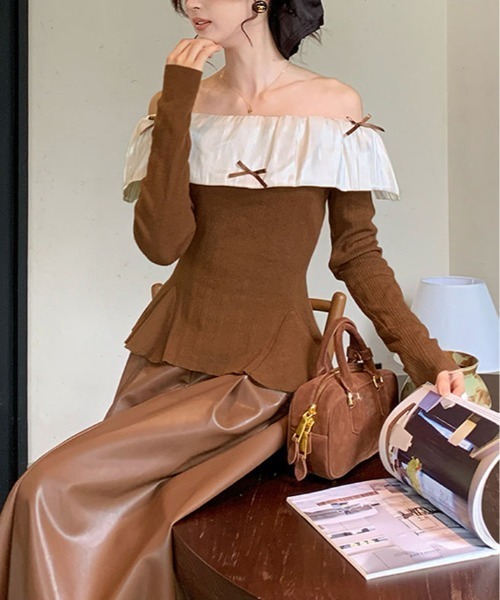 kirakiraShop(キラキラショップ)の「フリルカラー オフショルダー ニット トップス(ニット/セーター・レディース・ブラウン/ブラック・FREE)」の16枚目の写真