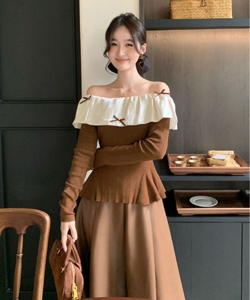 kirakiraShop(キラキラショップ)の「フリルカラー オフショルダー ニット トップス(ニット/セーター・レディース・ブラウン/ブラック・FREE)」の17枚目の写真