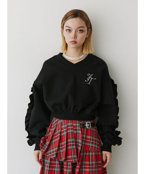 jouetie（ジュエティ）の「ラインストーンフリルプルオーバー/スウェットトレーナー（スウェット・レディース・グレー/オフホワイト/ブラック・MEDIUM）」の6枚目の写真