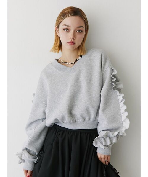 jouetie（ジュエティ）の「ラインストーンフリルプルオーバー/スウェットトレーナー（スウェット・レディース・グレー/オフホワイト/ブラック・MEDIUM）」の9枚目の写真