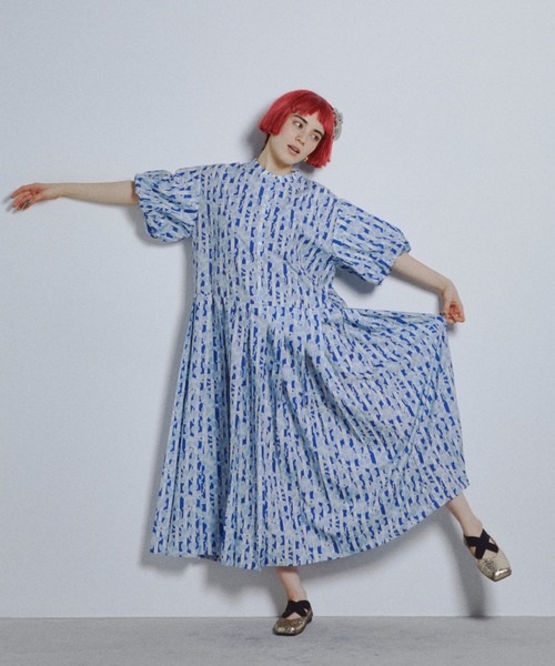 【GASA*】綿100% フラワープリントカットソーワンピース バルーンスリーブ GASA*】綿100% フラワープリントカットソーワンピース バルーン