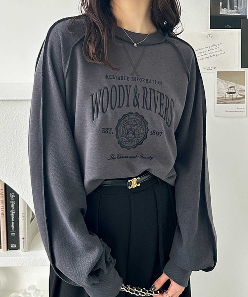 GeeRA（ジーラ）の「春にぴったり♪リメイク風刺しゅうロゴ裏毛スウェット（スウェット・レディース・ピンク/チャコール/オートミール・LARGE/X-LARGE/MEDIUM）」の4枚目の写真