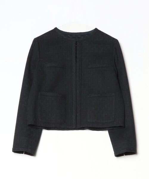 K.T KIYOKO TAKASE(キヨコタカセ)の「【セットアップ対応】ダミエ ラッセルツイード ジャケット(ノーカラージャケット・レディース・ライトグレー/ブラック系1/ブラック・11号/9号)」の2枚目の写真