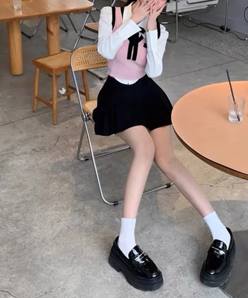 Jasmine Grandiflorum(ジャスミングランディフローラム)の「【Jasmine】バイカラーニットベスト(ベスト・レディース・グレー/ピンク/ホワイト・FREE)」の6枚目の写真
