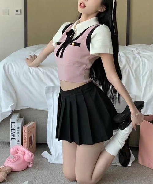 Jasmine Grandiflorum(ジャスミングランディフローラム)の「【Jasmine】バイカラーニットベスト(ベスト・レディース・グレー/ピンク/ホワイト・FREE)」の7枚目の写真