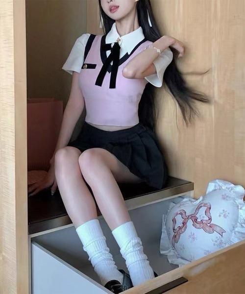 Jasmine Grandiflorum(ジャスミングランディフローラム)の「【Jasmine】バイカラーニットベスト(ベスト・レディース・グレー/ピンク/ホワイト・FREE)」の8枚目の写真