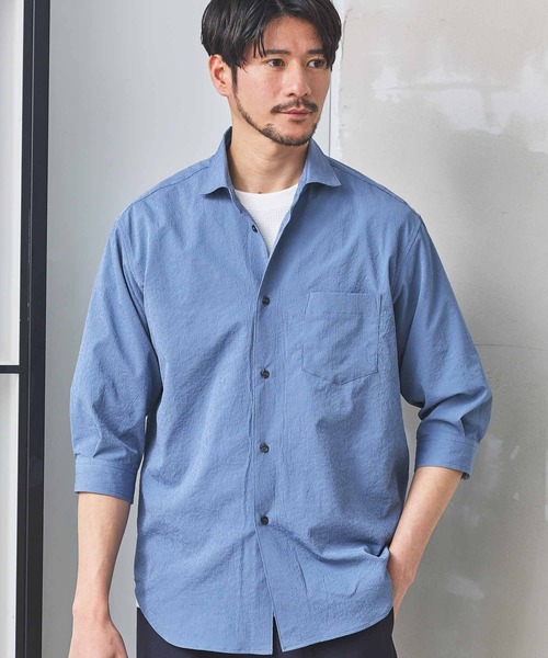 UNION STATION（ユニオンステーション）の「【抗菌・UVカット】ストレッチワッシャーワイドカラーシャツ（シャツ/ブラウス・メンズ・ホワイト/ネイビー/オレンジ/ダークブルー/ミント・S/M/L/LL）」の4枚目の写真