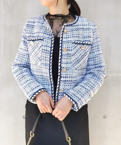 Q（キュー）の「ノーカラーツイードジャケット（ノーカラージャケット・レディース・ライトブルー・MEDIUM）」の10枚目の写真