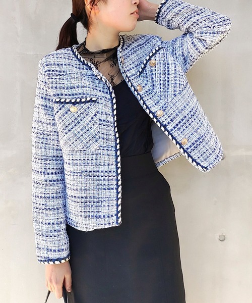 Q（キュー）の「ノーカラーツイードジャケット（ノーカラージャケット・レディース・ライトブルー・MEDIUM）」の9枚目の写真