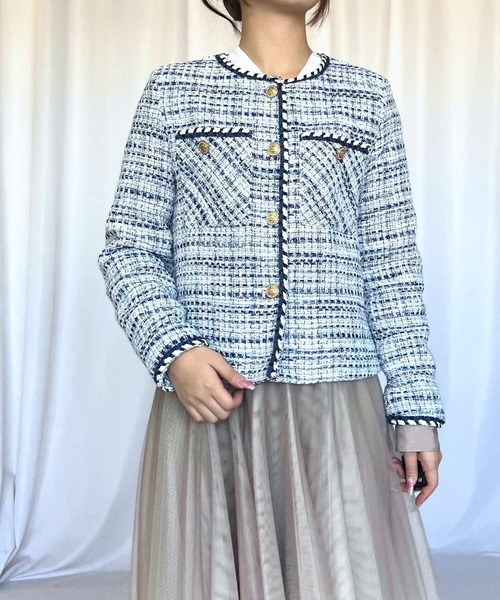 Q（キュー）の「ノーカラーツイードジャケット（ノーカラージャケット・レディース・ライトブルー・MEDIUM）」の8枚目の写真