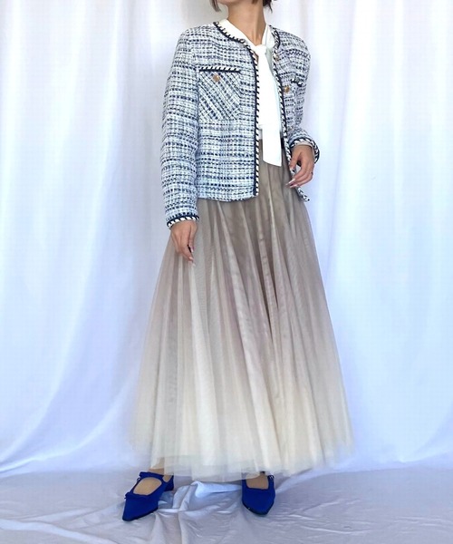 Q（キュー）の「ノーカラーツイードジャケット（ノーカラージャケット・レディース・ライトブルー・MEDIUM）」の7枚目の写真