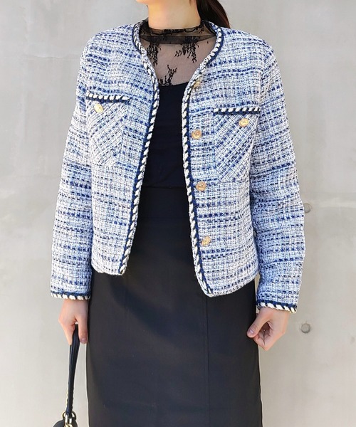 Q（キュー）の「ノーカラーツイードジャケット（ノーカラージャケット・レディース・ライトブルー・MEDIUM）」の11枚目の写真