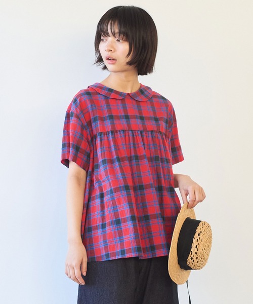 bulle de savon（ビュルデサボン）の「CHECK 丸衿ブラウス（シャツ/ブラウス・レディース・ブルー/レッド・FREE）」の6枚目の写真
