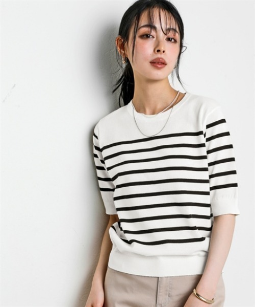 nissen（ニッセン）の「さらっとかるい綿混クルーネック半袖ニットトップス【接触冷感・毛玉になりにくい】＜大きいサイズ有＞（ニット/セーター・レディース・ブラック/ホワイト×ブラック/杢グレー/イエロー・S/M/L/LL/3L）」の2枚目の写真