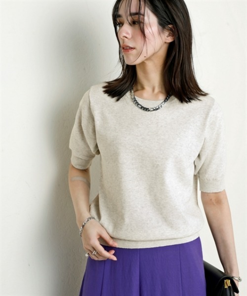 nissen（ニッセン）の「さらっとかるい綿混クルーネック半袖ニットトップス【接触冷感・毛玉になりにくい】＜大きいサイズ有＞（ニット/セーター・レディース・ブラック/ホワイト×ブラック/杢グレー/イエロー・S/M/L/LL/3L）」の4枚目の写真