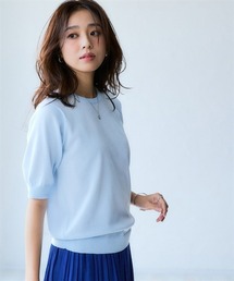 【T-KNIT】綿混クルーネック半袖ニットトップス【接触冷感・毛玉になりにくい】<大きいサイズ有>