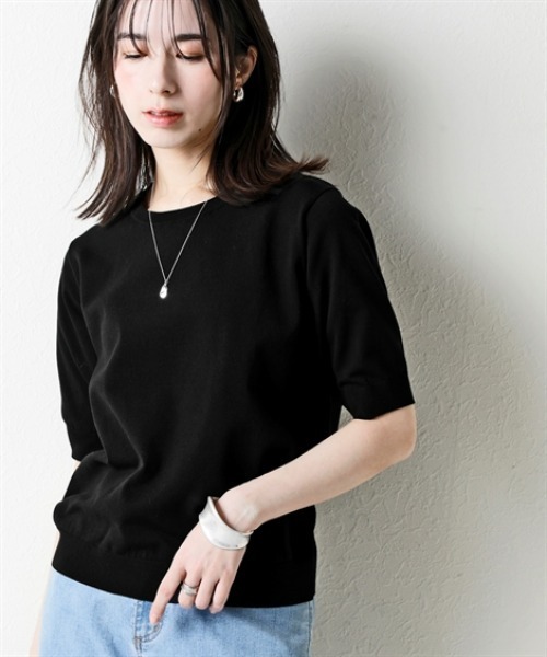 nissen（ニッセン）の「さらっとかるい綿混クルーネック半袖ニットトップス【接触冷感・毛玉になりにくい】＜大きいサイズ有＞（ニット/セーター・レディース・ブラック/ホワイト×ブラック/杢グレー/イエロー・S/M/L/LL/3L）」の3枚目の写真